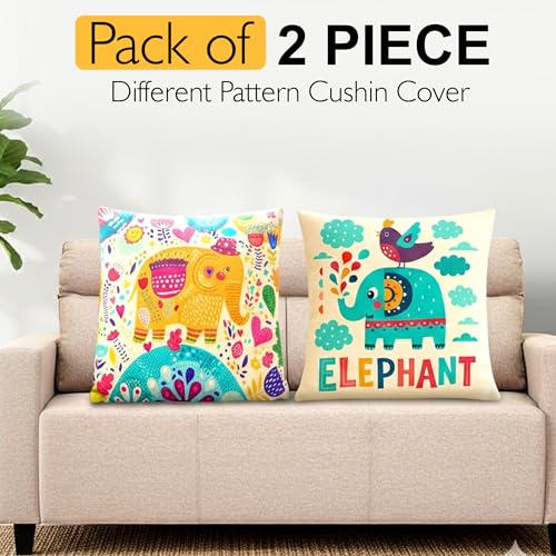 Image of GLUN 2 Piece Polycotton Cushion Covers, Multicolour Bohemian Elephant Print, 16 x 16 Inch Size Covers, Playful Cushion Covers for Sofa & Living Room Decor