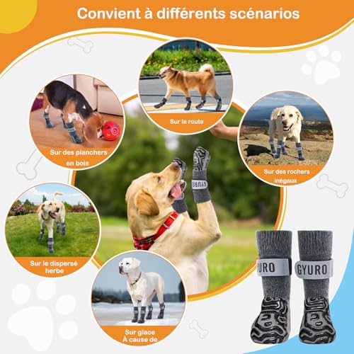 GYURO 2 Paar rutschfeste Hundesocken mit weichem Pfotenschutz und verstellbarem Klettverschluss für den Innenbereich (Grau, L)