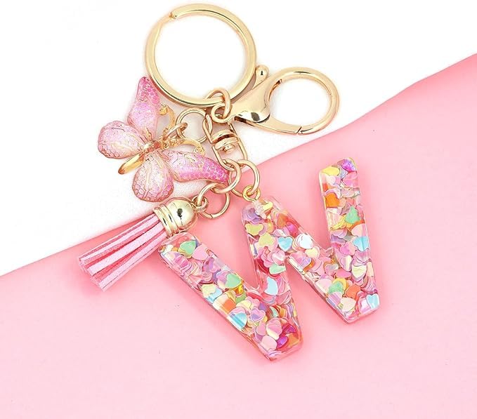 Image of GEOCARTER Lightweight Fashion Initial Letter Key Ring with Butterfly Pendant & Tassel, Stylish Purse Charm for Handbags, Car Keys, Gifts for Girls & Women
