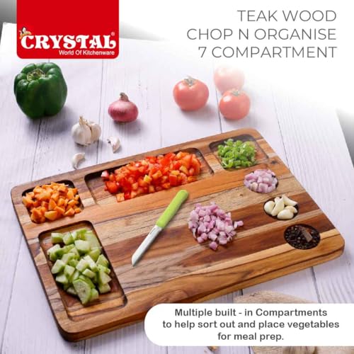 Image of Crystal Teak Wood Chopping Board with 7 Compartments | Chop & Organise | Perfect for Vegetables, Fruits & Bread | Extra Large (35 * 28 * 1.8 Cm) | Handcrafted & Eco-Friendly Reversible Cutting Board