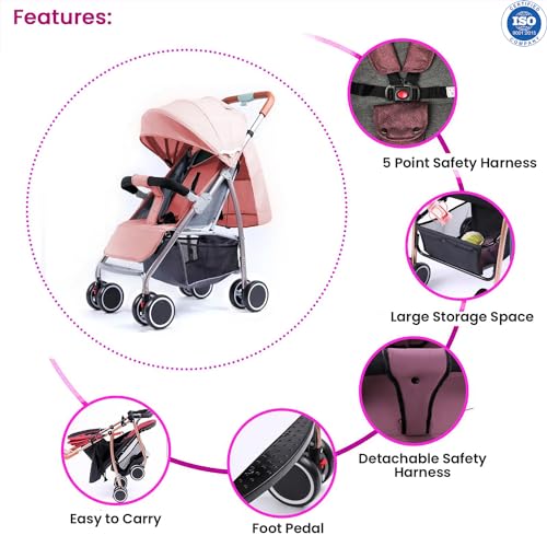 Image of Safe-O-Kid Rover Baby Stroller /Pram with 1 Year Warranty Kid for 0 to 3 Years Travel Friendly with XL Canopy, 5 Point Safety Harness, One Hand Fold, Adjustable backrest, 360 Swivel Wheel - Pink