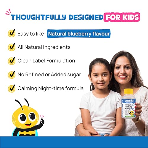 Image of Kids Night-Time Cough Calming Syrup | Honey, Tulsi, Ginger & Peppermint | Soothes Dry & Wet Cough | Drug-Free | Natural Blueberry Flavor | 100ml (Ages 2+)