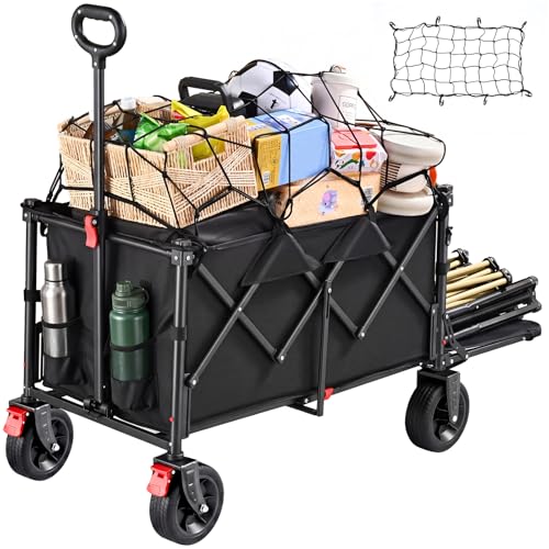 255L Festival Trolley on Wheels, Folding Wagon, Portable Camping Cart, Heavy Duty Camping Trolley Foldable for Beach Outdoor Shopping Fishing, Rear-Opening Design, Front Dual Brake Trolley, Black