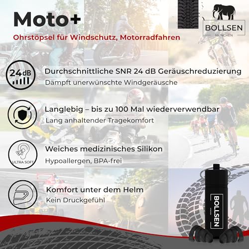 BOLLSEN Motorrad Ohrstöpsel – Wiederverwendbare Ohrstöpsel für Motorradfahrer – Windgeräuschreduzierung mit 24 dB SNR – Passt unter den Helm – Waschbar, Langlebig & Bequem (1)