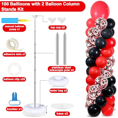 Image of 2 Sets Red and Black Balloon Column Stand Kit with 100 Balloons Adjustable Balloon Tower Stand with Bases for Floor Confetti Balloons Column Kit for Graduation Birthday Appreciation Party Decor