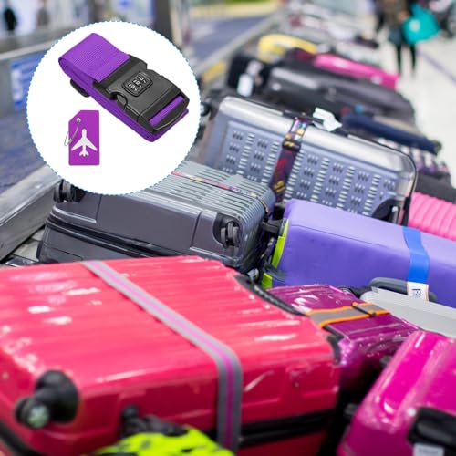 Image of PATIKIL Luggage Strap with Combination Lock Luggage Tag and Loop 78 inchx2 inch, 3 Set Adjustable Suitcase Belt for Travel Packing Bag Closure Identify, Purple
