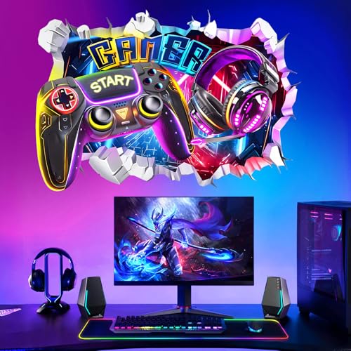 SneiDr Stickers Muraux Gamer Set Mural Gaming Stickers Gamer Avec Motifs Console De Jeu Et Manette Effet Visuel 3D Console Deco Gaming Chambre Enfant Ado...