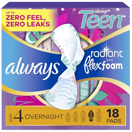 Always Radiant Teen with FlexFoam Pads, Size 4, Overnight Absorbency, with Wings, Unscented, Up to Zero leaks, Zero Feel Protection, 18 Count