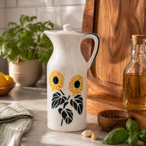 Image of Crazy Sutra Naturra Sunflower Ceramic Oil Dispenser Bottle | Decorative, Vinegar & Olive Oil Pourer, With Lid, Kitchen Serving Cruet