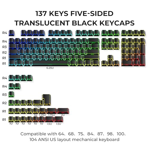 Image of GMKWTL XVX Black Shine Through Keycaps, PBT Keyboard Keycaps Cherry Profile, Custom Side Printed Keycap Sets Suitable for 60% 65% 75% 80% 100% Mechanical Keyboard