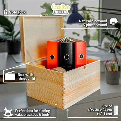 Creative Deco XXL Large Plain Wooden Storage Box | 40 x 30 x 24 cm (+/-1 cm) | with Lock & Hinged Lid | Unpainted Gift Box for Tool Shoes Kitchen | ROUGH & UNSANDED Wood Keepsake Memory Craft Chest