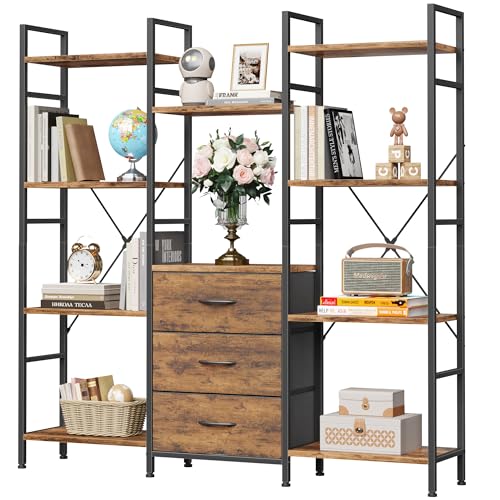100W x142Hcm Bücherregal mit 4 Stoffschubladen, Standregal Bücher Regal Küchenregal für Wohnzimmer Büro Balkon Bookshelf Würfelregal Kitchen Storage Shelf Lagerregale Bookcase, Industrial Holz Style