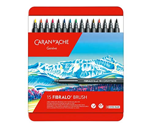 Caran d'Ache Fibralo Brush Sortiment mit 15 Farben, wasservermalbare Fasermaler mit Pinselspitze 0,5-5 mm, 0186.315