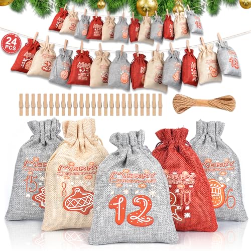 24 Stk Adventskalender zum Befüllen Stoff Adventstüten 14 x 10 cm Gedruckte Stoffbeutel Kinder Weihnachtskalender Groß Adventstüten Säckchen Adventskalender 2025 Kinder