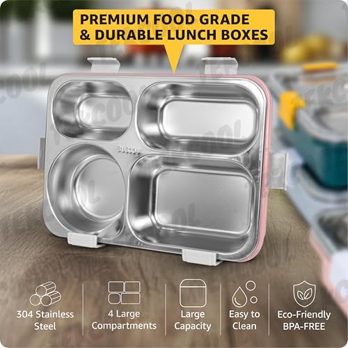 Image of TEKCOOL Lunch Box for Adults - Lunch Box for Kids - with Spoon & Fork - Stainless Steel Lunch Box with 4 Compartment - Durable Perfect Size for On-The-Go Meal, BPA-Free-