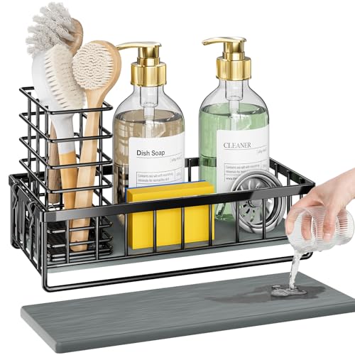 OVICAR Kitchen Sink Caddy Sponge Holder - Instant-Dry Sink Organizer with Brush Holder - Waterproof Soap Dispenser Non-Slip Countertop Organizer Storage for Kitchen Bathroom Black