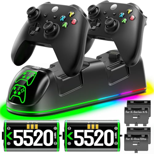XBX Controller Charger with 2 x 5520mWh Rechargeable Battery Packs, 9 RGB Modes Xbox Charging Station with 4 Covers for Xbox One/Series X|S Control, Charging Dock Stand for Controller Battery Pack