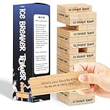 Ice Breaker Tower Questions Tumbling Tower Game - For Everyone - 54 Fun Conversation Starters - Great Family Games For Kids And Adults - Coworkers, Friends, Date Night & Relationship Game Night Fun
