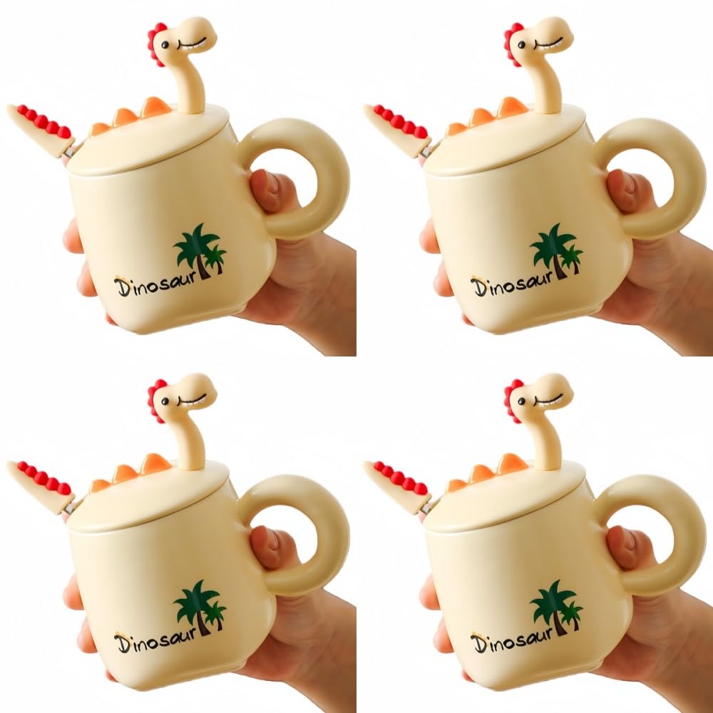 3D Dinosaurier Keramik Kaffeetasse mit Deckel & Löffel, 380ml, süße lustige Tasse für Kinder, Frauen, Männer, kreatives Geschenk zu Weihnachten, Geburtstag (4er Set Beige)
