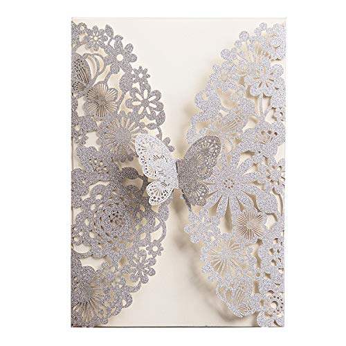 Hosmsua 5'' x 7.3'' 50pcs Laser Cut Lace Flora Wedding Invitation Cards with Butterfly and Envelopes for Bridal Shower Engagement Quinceaera Wedding Invite (Silver Glitter)