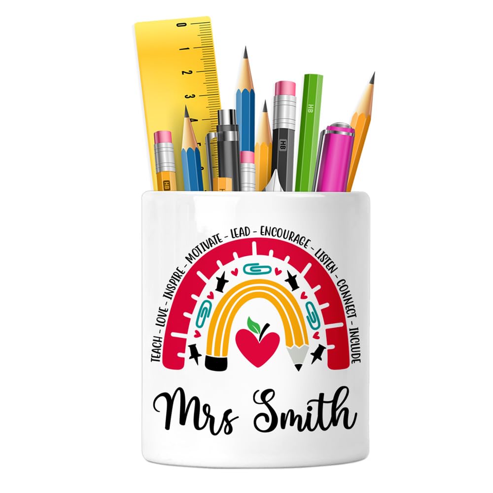 Personalised - Teacher Pencil Pen Pot - Rainbow - Custom Desk Organiser Tidy for School, Nursery or Office - End of Term Gift for Teachers or Teaching Assistant, TA - Ceramic Stand Stationary Holder