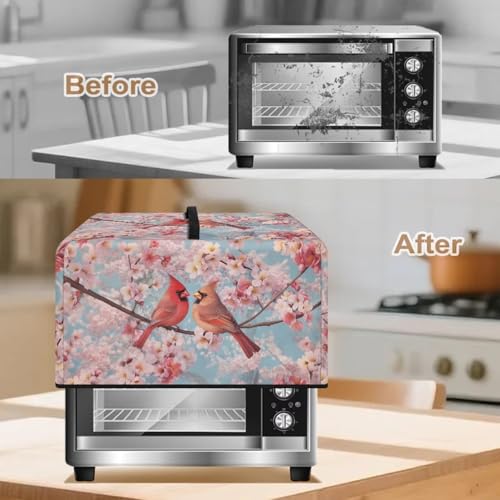 Image of Microwave Dust Cover Toaster Oven Dustproof Cover Stain-Resistant Oil-Proof Smart Oven Protector for Kitchen Countertop, L, Northern Cardinal Red Bird Pink Flower Print