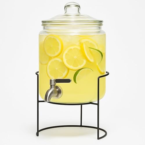 Miniatura 2 de Dispensador de bebidas de vidrio con soporte, dispensador grande de bebidas, jugo y agua de 1 galón para fiestas con boquilla, grifo de acero