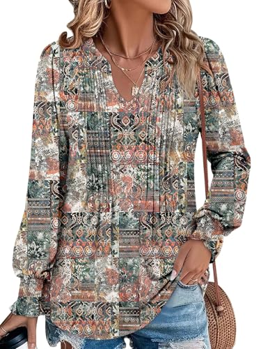 BETTE BOUTIK Long Sleeve Shirts for Women Fall Tops Dressy Blouses Pleated V Neck Tunic Tops for Leggings S-3XL