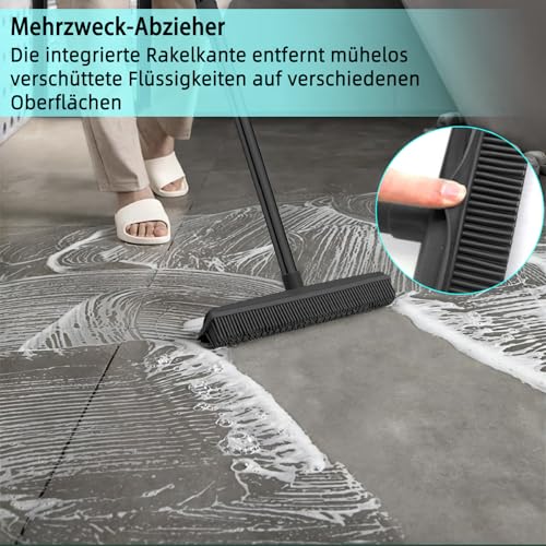 2 in 1 Gummibesen mit Stiel, 156cm Langen Stiel Besen zum Entfernen von Tiere Katzen Hunde Haare Teppichbürste Bodenbürste Kehrbesen für Innen- und Außenbereich Schrubbe (Schwarze Fellentfernung) – Bild 4