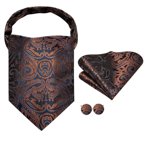 Image of Hi-Tie Silk Ascot for Men Self Tie Men's Cravat and Flower Lapel Pin Handkerchief Cufflinks Set for Wedding Party
