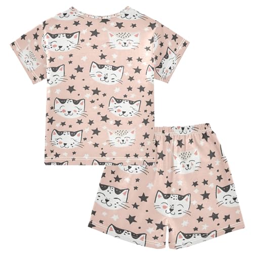 ALAZA Cat Kitten Star Cartoon Hipster Pajamas Set Short Sleeve Cotton Sleepwear Summer Pjs 2 Piece 5-14Y2