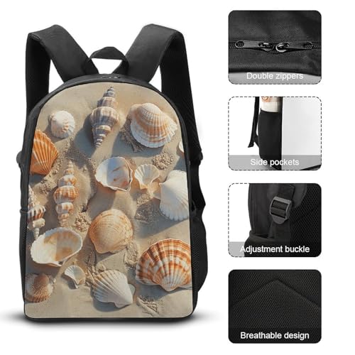 3 Piece Backpack for Women Men Lightweight Causal Daypack Shoulder Bag Set with Insulated Lunch Bag And Pencil Case Organizers Pile of Shells3