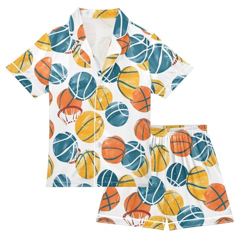 ALAZA Sport Basketball Ball Color Satin Pajamas Set Short Sleeve Button Down Sleepwear Summer Pjs 2 Piece