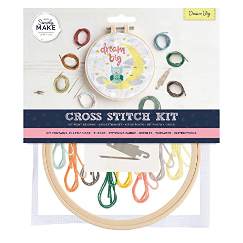 Simply MAKE Kit de punto de cruz, diseño grande para niños y adultos, incluye aro, hilo de bordar, tela y aguja, perfecto para manualidades de adultos y principiantes, kit de manualidades de punto de