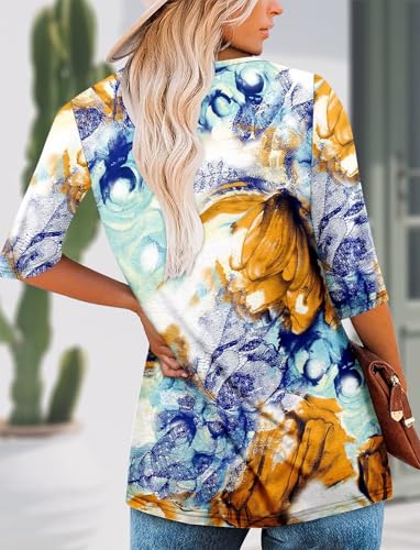 KISSMODA Tunic Tops for Women Loose Fit Dressy Round Neck Pleated 3/4 Length Sleeve Spring Tops