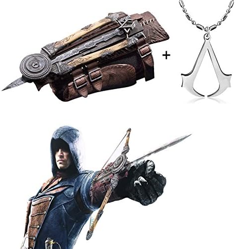 5STOY® Assassin's Creed Hidden Blade Brotherhood Ezio Auditore Gauntlet Cosplay Replica + Assassin's Creed Silver Desmond Miles Necklace Pendant