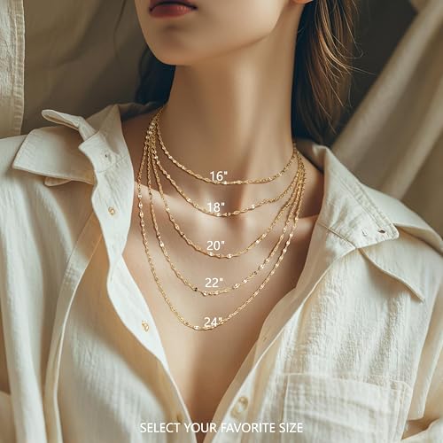 14K Gold Chain for Women Men 14K Gold Necklace for Women Non Tarnish Lips Thin Golden Chains Necklace Double-Sided Design Dainty Golden Necklaces for Womens Trendy 16-24IN 2.4MM 5