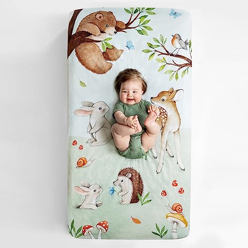 Image of Rookie Humans 100% Cotton Sateen Fitted Crib Sheet: Enchanted Forest. Modern Nursery, Use as a Photo Background for Your Baby Pictures. Standard Crib Size (52 x 28 inches) Woodland Theme