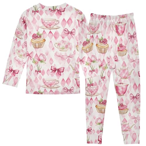 Fustylead Watercolor Tea Cup Flower Bow Cake on Pink Checkered Pajamas Cotton Sleepover PJ Set Long Sleeve Lounge Wear2