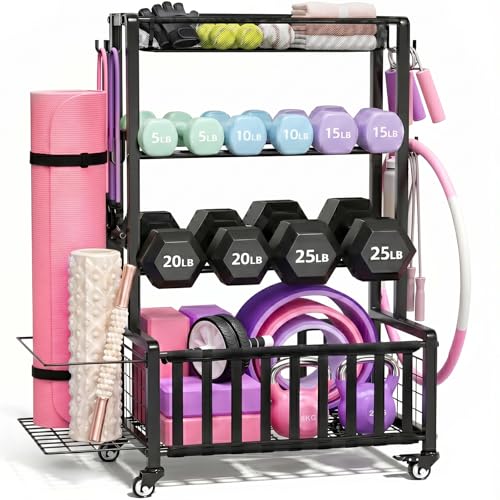Dumbbell Rack Home Gym Storage Rack Adjustable Weight Rack Organizer with Wheels & Hooks Heavy Duty Gym Equipment Storage Workout Storage Organizer for Garage Gym