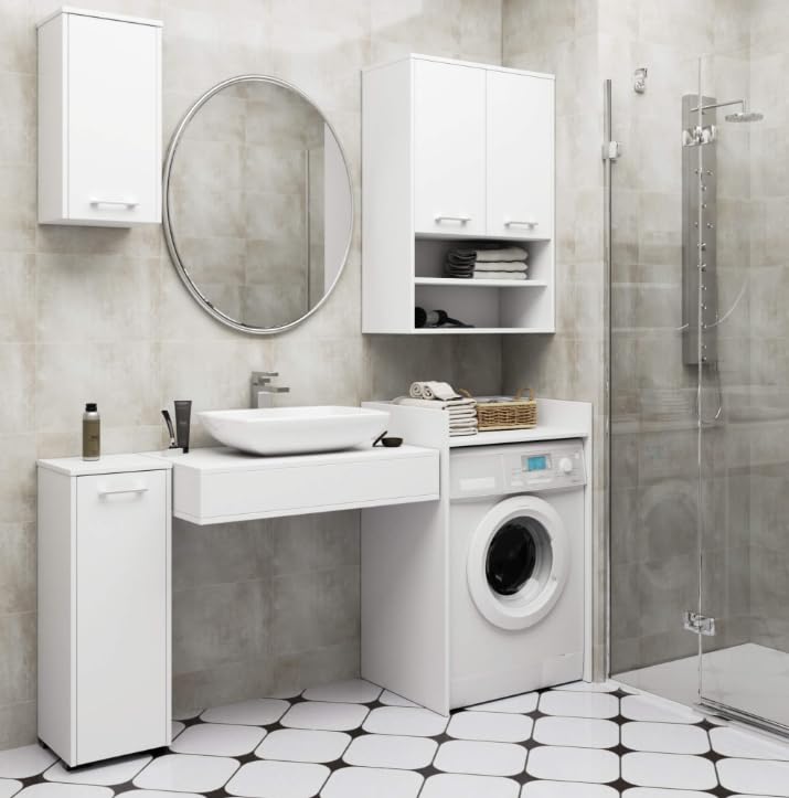 BDW Armario para Lavadora y Secadora, 97,5 x 64 x 50 cm, Mueble de Baño Alto, Blanco