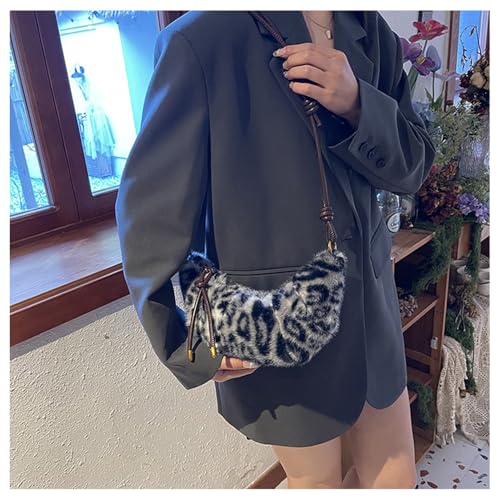 Image of Leopard Fluffy Sling Dumpling Bag Cheetah Print Fuzzy Furry Shoulder Crossbody Crescent Bag Leopard Plush Horn Bag