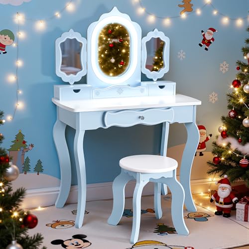 BRINJOY Kids Vanity Set, 2-in-1 Wooden Makeup Table &...