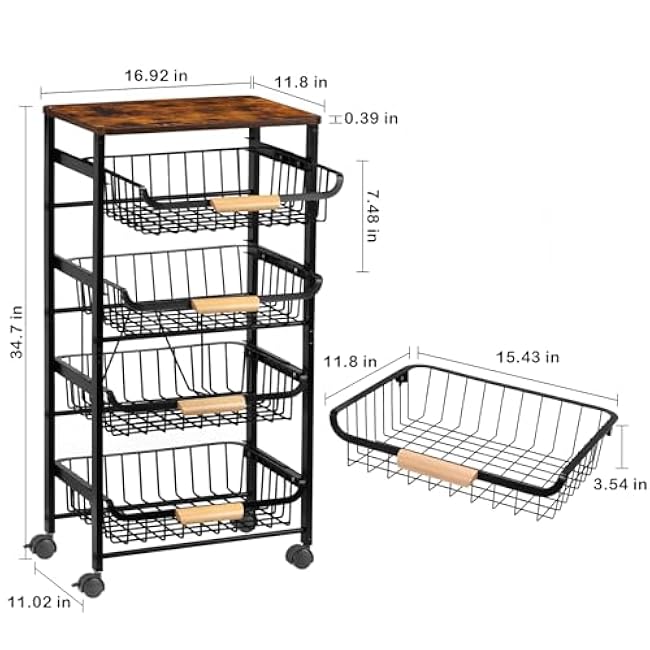 Nandae Kitchen Storage Rolling Cart on Wheels, 5 Tier Metal Rolling Utility Mesh Basket Pantry Cart Rack with Wooden Tabletop for Fruit Vegetable Onion Potato Storage-jE7T3d2Y