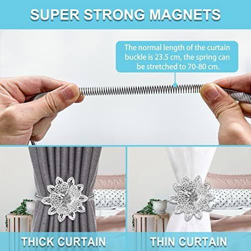 IAGORYUE Curtain Tie Backs 4 Pieces, Crystal Magnetic Curtain Tieback with Spring Rope, Curtain Tie Back Hook for Home and Office Decoration, Strong and Durable, No - Installation (Silver + 4 Pack)