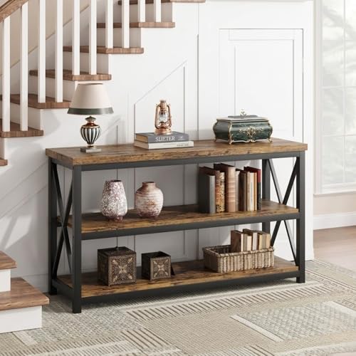 Image of 120 cm Entryway Console Table with Storage Shelves | 3-Tier Narrow Sofa Side for Hallway & Living Room | Metal Frame Rustic Brown Console Tables for entryway | Rustic Brown | 120x30x80 cm