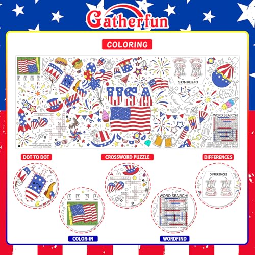 Image of Gatherfun 4th of July Patriotic Coloring Tablecloth 31.5x72 - American Flag-Themed Giant Poster for Independence Day Decor & Activities for Classroom or School Party Table Cover