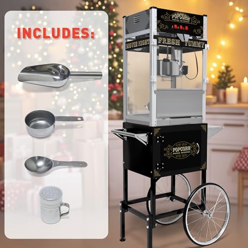Image of Commercial Popcorn Machine with Cart & Wheels - Popcorn Maker Machine with 22OZ Stainless Steel Kettle, Pop corn Machine Maker for Home, Parties, Movie Theater, Black