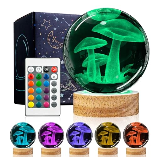 Image of 3D Mushroom Crystal Ball Night Light with Remote Upgraded 3.15 In Mushroom Glass Ball Table Lamps with 16 Color Led Wooden Base for Birthday Xmas Cute Mushroom Room Decor Gifts for Kids Women Teen