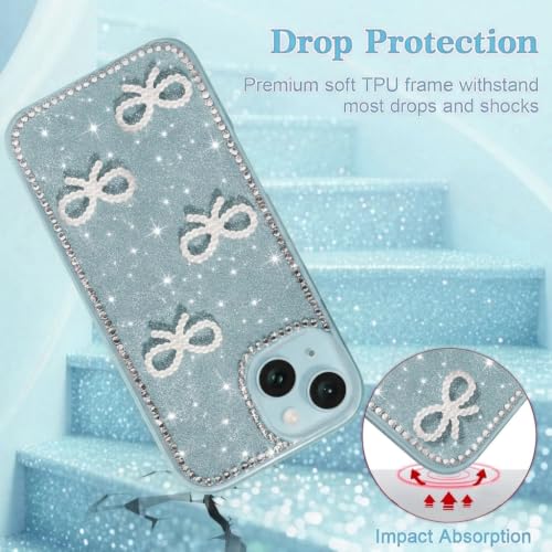 Image of DIZORO Compatible for iPhone 13 / iPhone 14 Cover 6.1, Luxury Diamond Cute with Bow Glitter Bling Case with Full Camera Protection PC+TPU Glossy Shiny Back Cover Case for Girls Women (Green)
